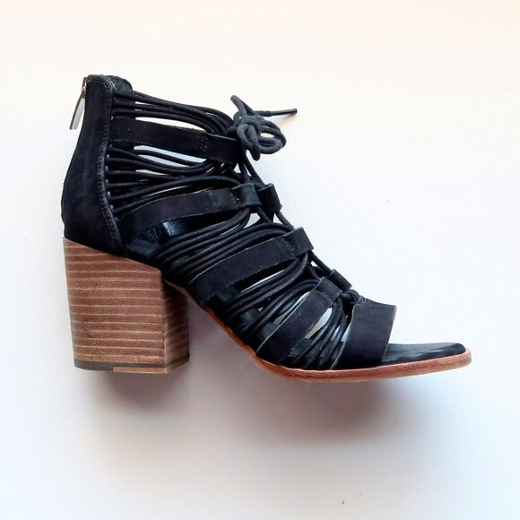 Vince Camuto Black Suede Leather Strappy Cutout Block Heel Sandals Bootie Shoes - Picture 8 of 15